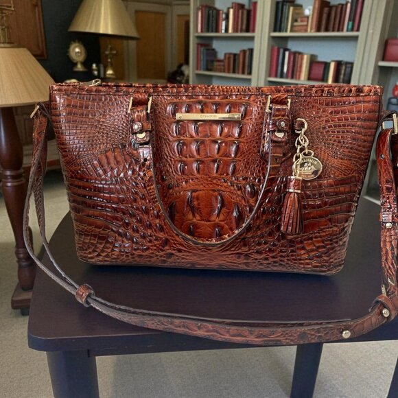 Brahmin Brown Croc Embossed Leather Tote Bag Chic Fall Heritage Classic Work - Picture 1 of 9